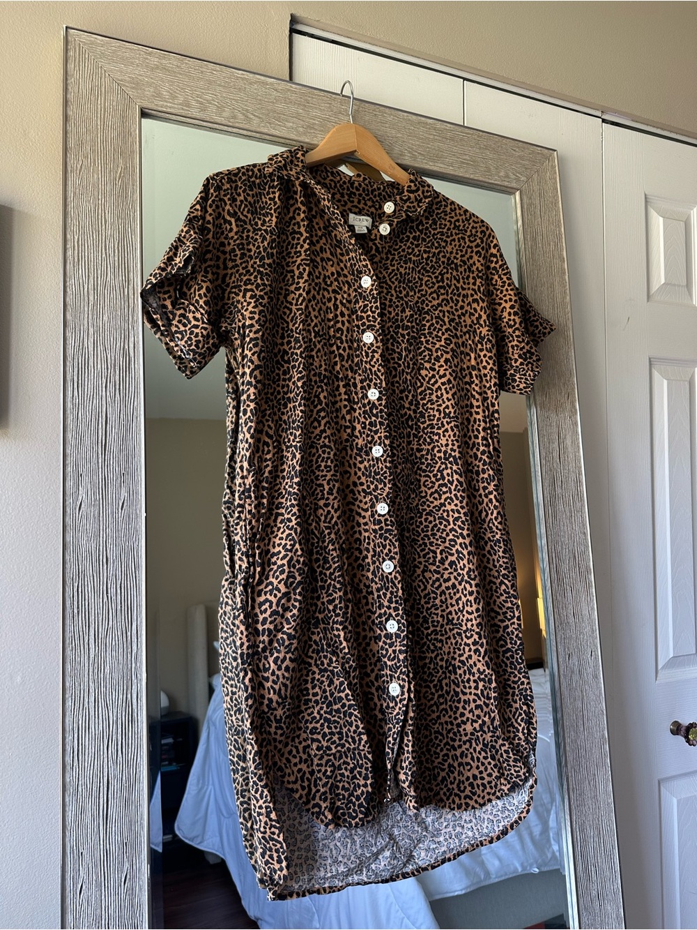 J. Crew Cheetah Print Linen Blend T-Shirt Button Down Shift Mini Dress Size XS